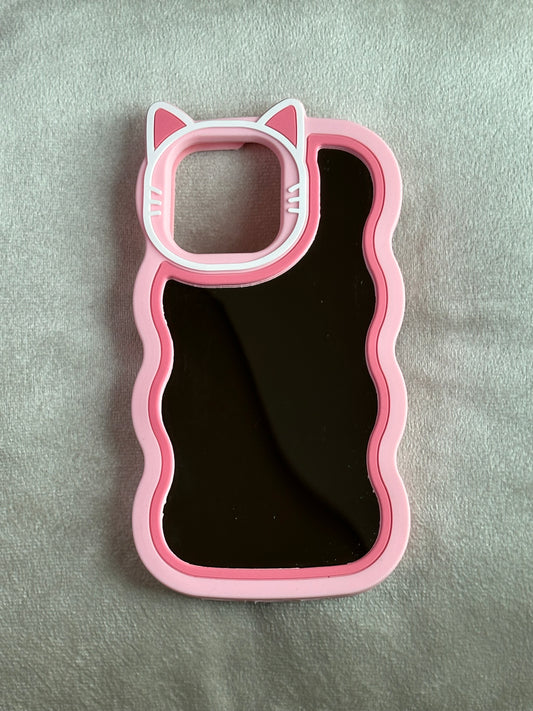 Pink Cat Ear Mirror-Back Wavy Edge Phone Case for iPhone