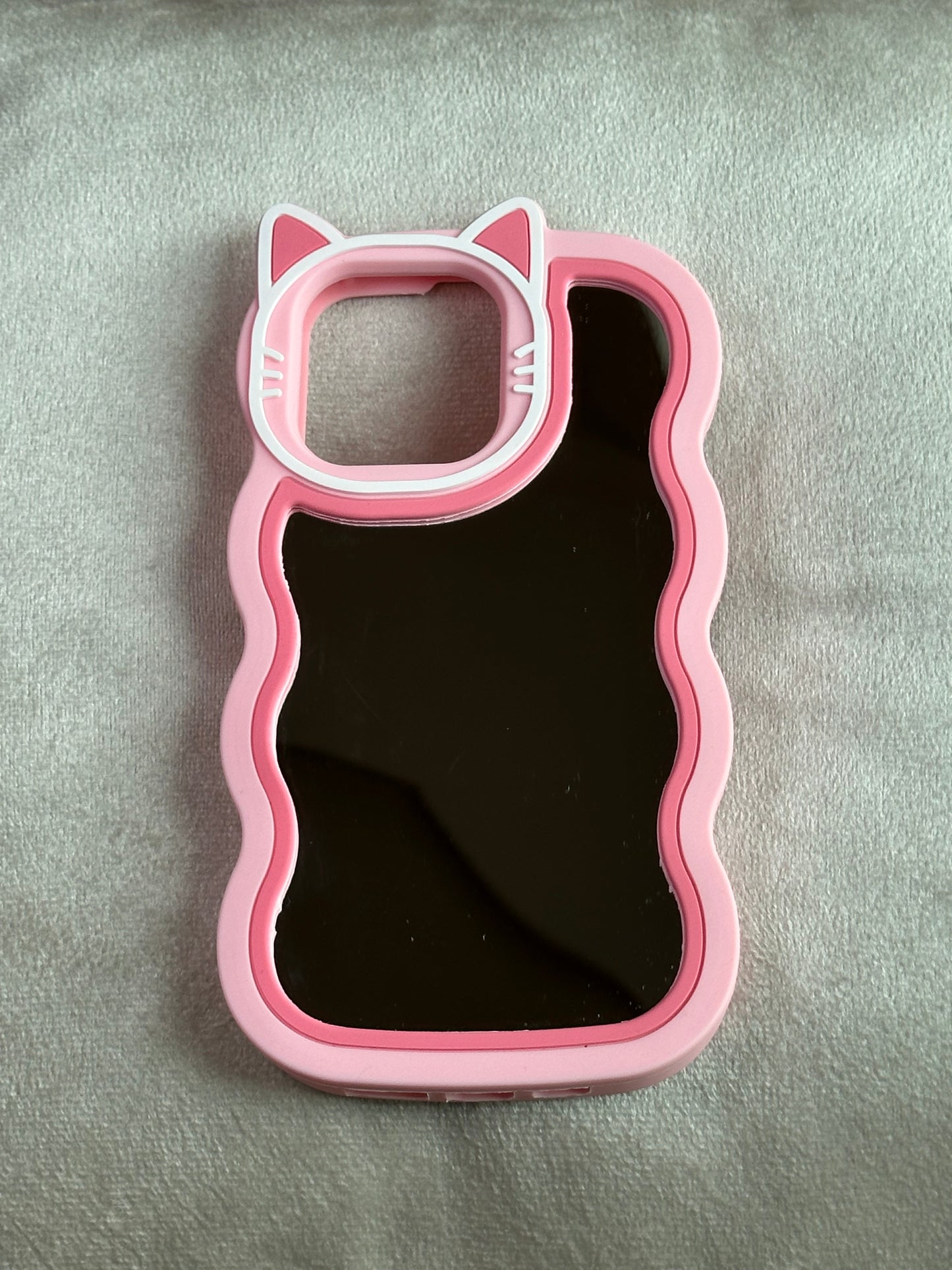 Pink Cat Ear Mirror-Back Wavy Edge Phone Case for iPhone